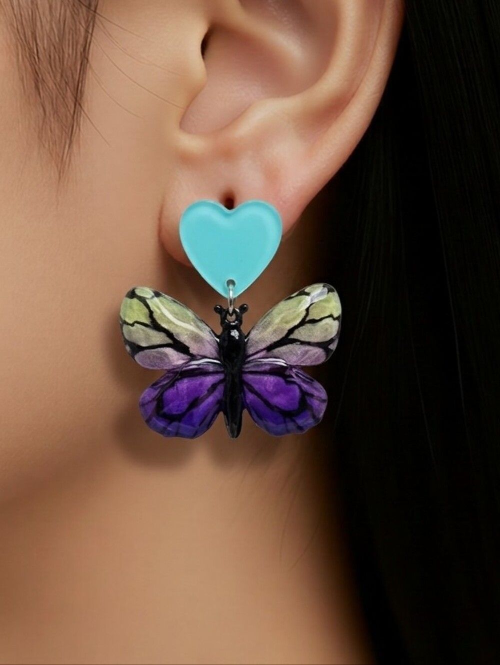 Butterfly Heart Dangle Earrings Purple Ombre Acrylic Fairycore Statement Jewelry